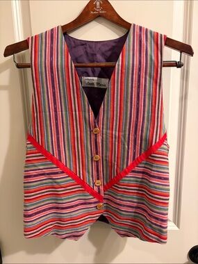 Vintage Anne Marie Multicolor Striped Vest with Red Trim and Purple Lining